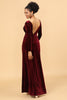 Załaduj obraz do przeglądarki galerii, Pochwa Burgundy Deep V-Neck Długie Rękawy Aksamitna Sukienka Druhny