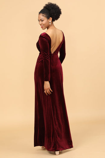 Pochwa Burgundy Deep V-Neck Długie Rękawy Aksamitna Sukienka Druhny