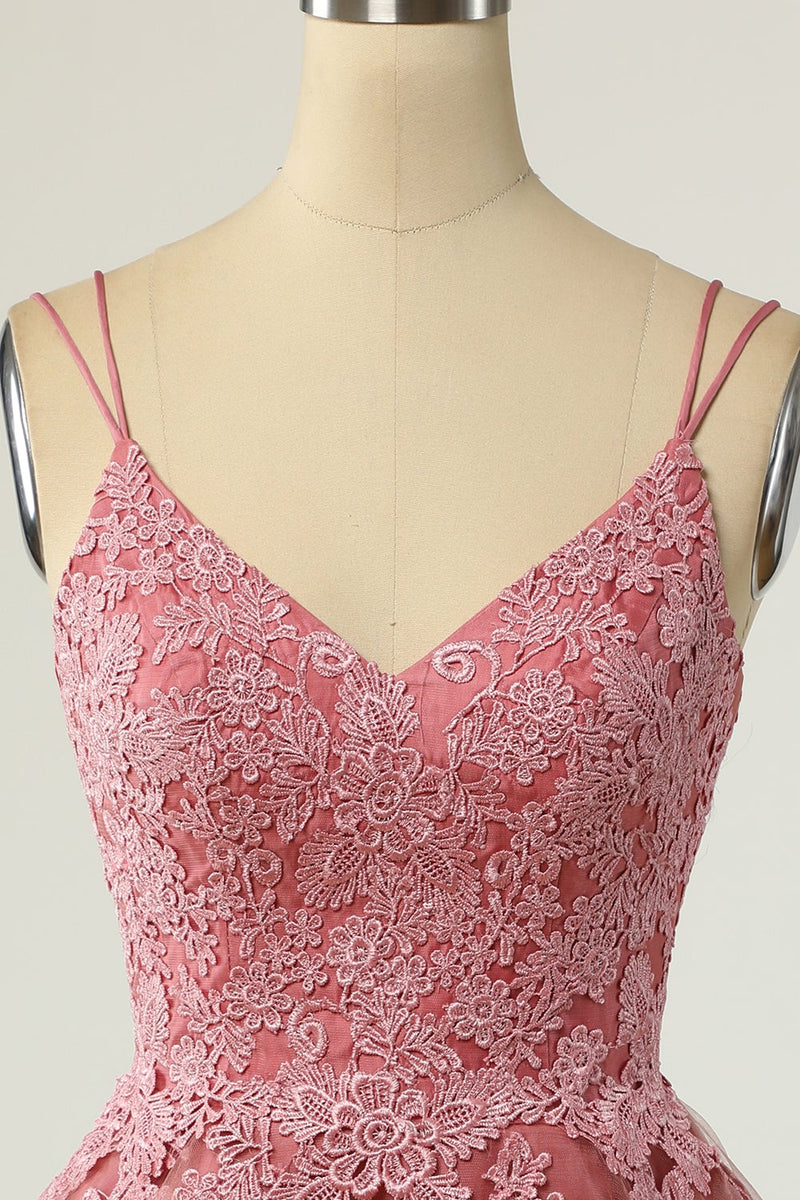Załaduj obraz do przeglądarki galerii, Różowa Cienkich Ramiączkach Sukienka Koktajlowa