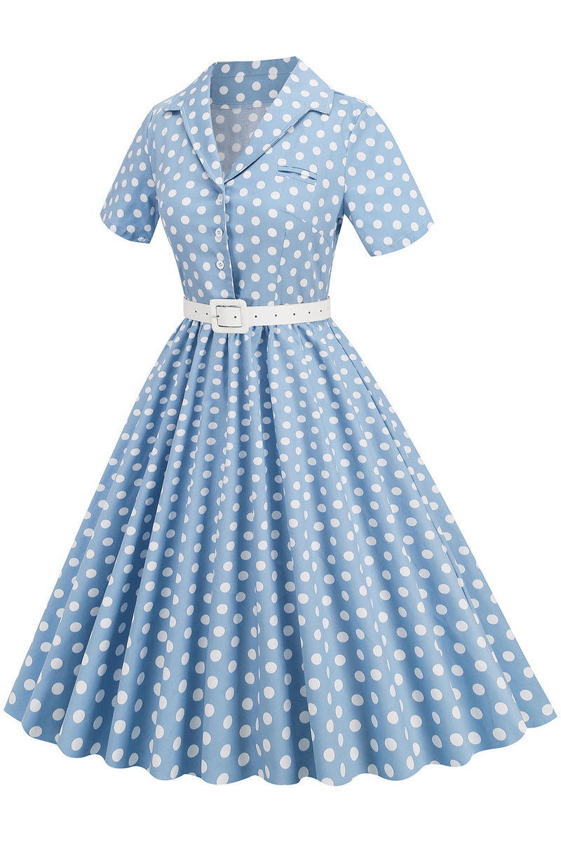 Załaduj obraz do przeglądarki galerii, Niebieska Sukienka W Kropki W Stylu Hepburn Z Lat 50. Z Dekoltem W Serek