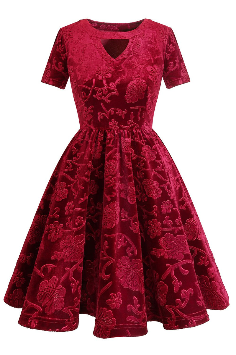 Załaduj obraz do przeglądarki galerii, Bordowy krótki rękaw Velvet Party Dress