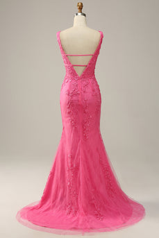Syrena Różowa Dekolt V Sukienki Wieczorowe z Aplikacjami