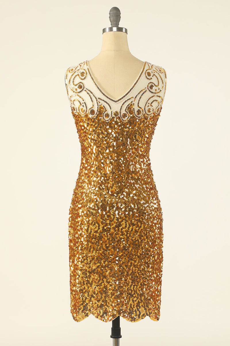 Załaduj obraz do przeglądarki galerii, Złota Sukienka Vintage Lata 20 z Cekinami