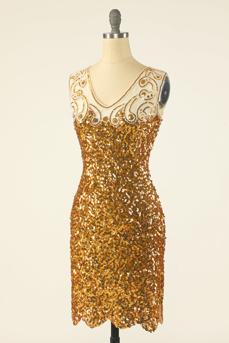 Załaduj obraz do przeglądarki galerii, Złota Sukienka Vintage Lata 20 z Cekinami