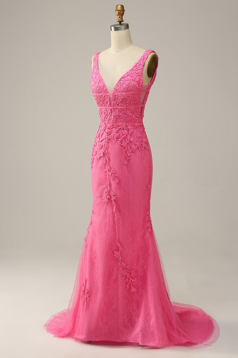 Załaduj obraz do przeglądarki galerii, Syrena Różowa Dekolt V Sukienki Wieczorowe z Aplikacjami