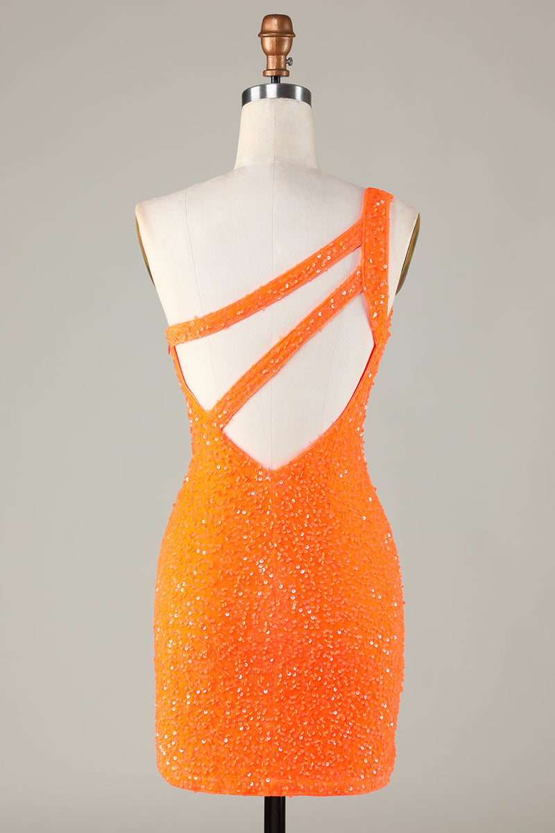 Załaduj obraz do przeglądarki galerii, Cekiny na jedno ramię Pomarańczowy obcisły koralik Krótka sukienka do powrotu do domu