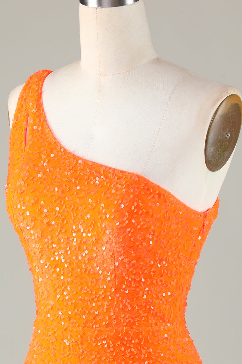 Załaduj obraz do przeglądarki galerii, Cekiny na jedno ramię Pomarańczowy obcisły koralik Krótka sukienka do powrotu do domu