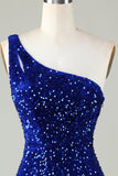 Cekiny na jedno ramię Royal Blue Tight Beading Krótka sukienka Homecoming