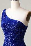 Cekiny na jedno ramię Royal Blue Tight Beading Krótka sukienka Homecoming