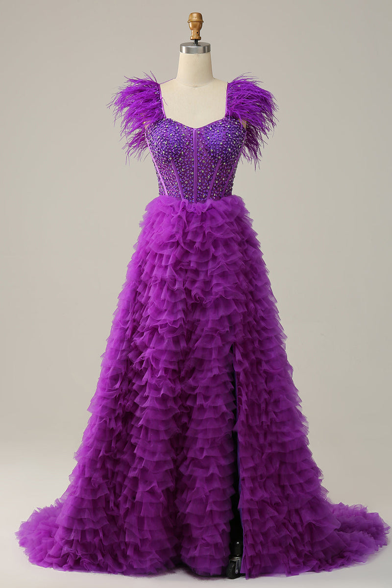 Załaduj obraz do przeglądarki galerii, Fioletowa Długa Sukienka Na Studniówkę Z Piórami Frezowania
