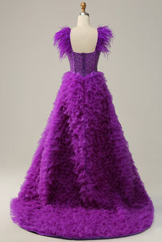 Fioletowa Długa Sukienka Na Studniówkę Z Piórami Frezowania