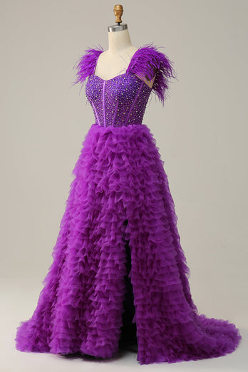 Fioletowa Długa Sukienka Na Studniówkę Z Piórami Frezowania