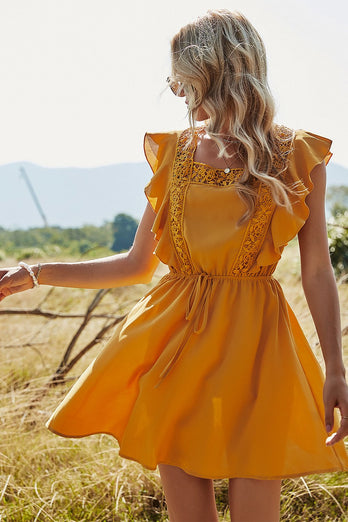 Żółta Mini Sukienki Letnie Z Falbankami