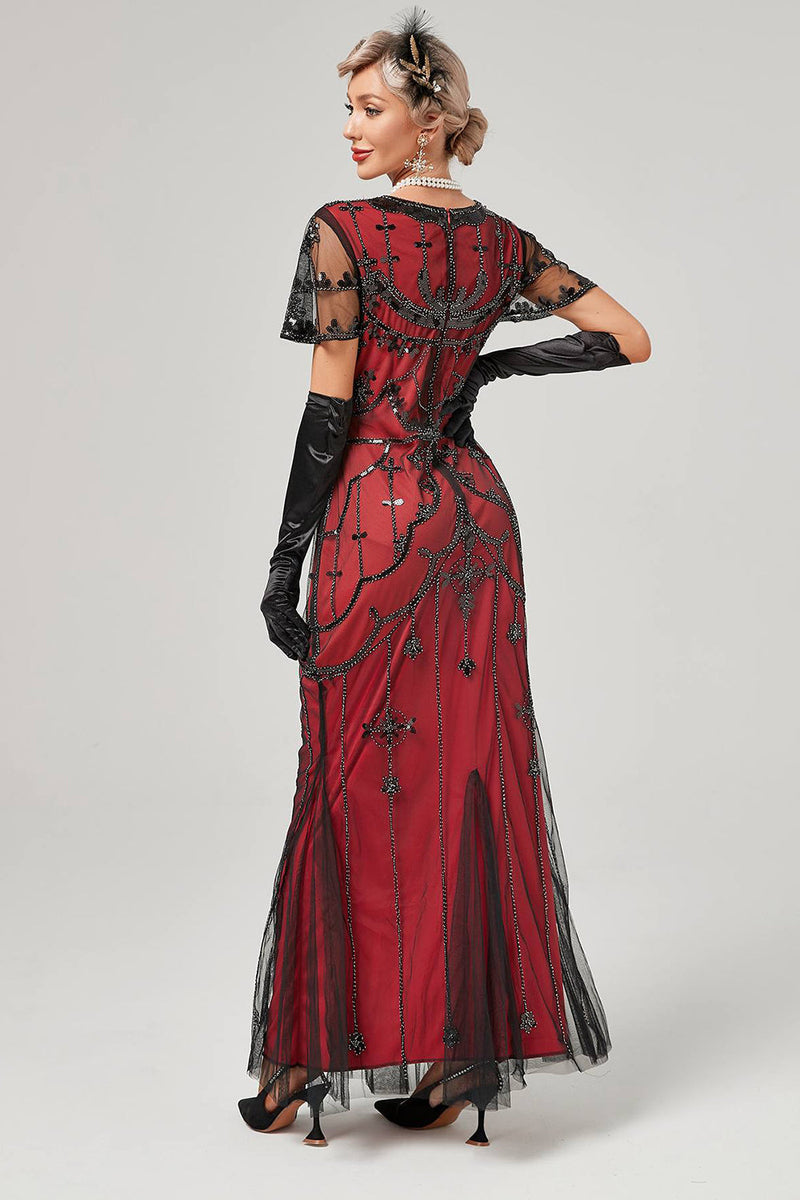 Załaduj obraz do przeglądarki galerii, Czarna Różowa Cekina Długa Lata 20 Sukienki