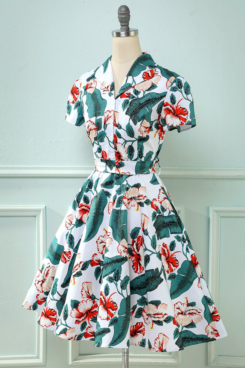 Załaduj obraz do przeglądarki galerii, Retro Dekolt w serek Liść drukowane Vintage Sukienka