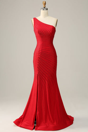 Syrena Czerwona Długa Sukienka Na Studniówkę Na Jedno Ramię Z Frezowaniem