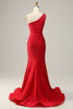 Załaduj obraz do przeglądarki galerii, Syrena Czerwona Długa Sukienka Na Studniówkę Na Jedno Ramię Z Frezowaniem