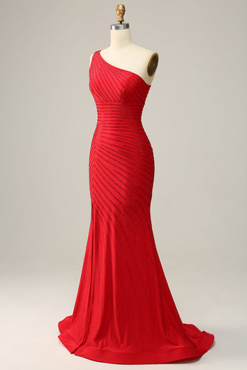 Syrena Czerwona Długa Sukienka Na Studniówkę Na Jedno Ramię Z Frezowaniem