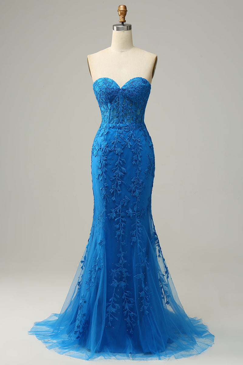 Załaduj obraz do przeglądarki galerii, Syrena Królewska Niebieska Sukienki Wieczorowe Bez Ramiączek