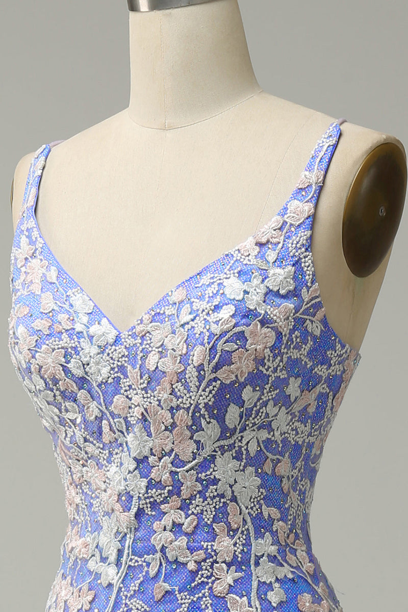 Załaduj obraz do przeglądarki galerii, Syrenka Niebieska Sukienki Na Studniówke z Rozcięciem z Aplikacjami