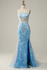 Załaduj obraz do przeglądarki galerii, Syrena Cienkich Ramiączkach Niebieska Długa Sukienka Na Studniówkę Z Aplikacjami