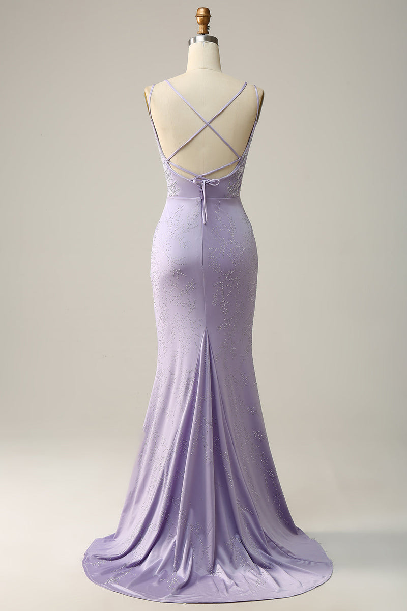 Załaduj obraz do przeglądarki galerii, Syrena Liliowa Długa Sukienki Na Studniówke z Dzielonym Przodem