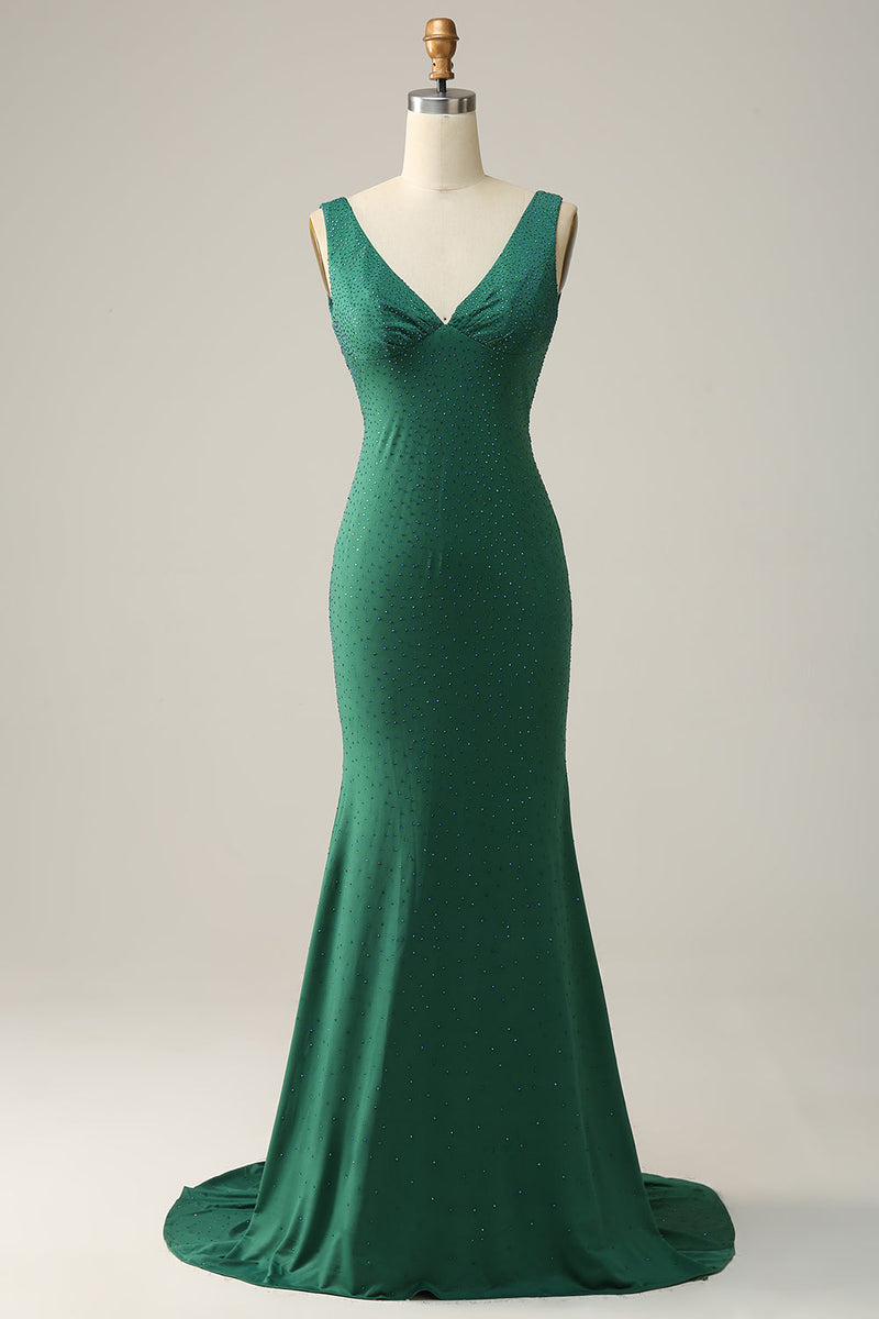 Załaduj obraz do przeglądarki galerii, Syrena Dekolt V Zielona Długa Sukienka Na Studniówkę Z Frezowaniem