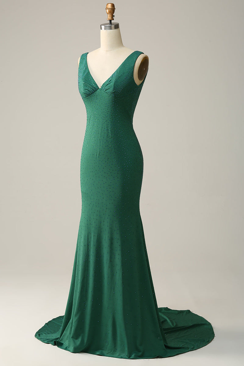 Załaduj obraz do przeglądarki galerii, Syrena Dekolt V Zielona Długa Sukienka Na Studniówkę Z Frezowaniem