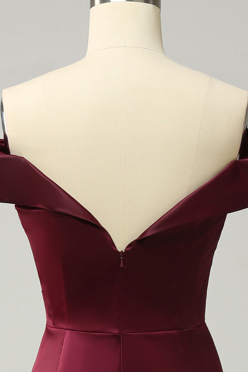 Załaduj obraz do przeglądarki galerii, Burgundia Satynowe Sukienka Dla Swiadkowej z Odkrytymi Ramionami