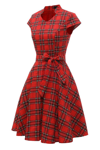 Czerwona sukienka w kratę Vintage Plus Size z kokardką