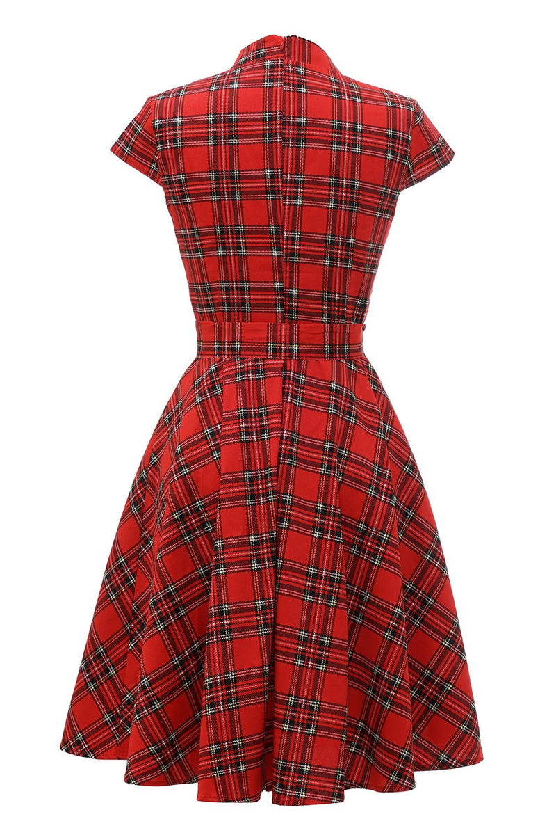 Załaduj obraz do przeglądarki galerii, Czerwona sukienka w kratę Vintage Plus Size z kokardką