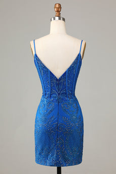 Błyszczące niebieskie ramiączka spaghetti z koralików Ciasna krótka sukienka Homecoming