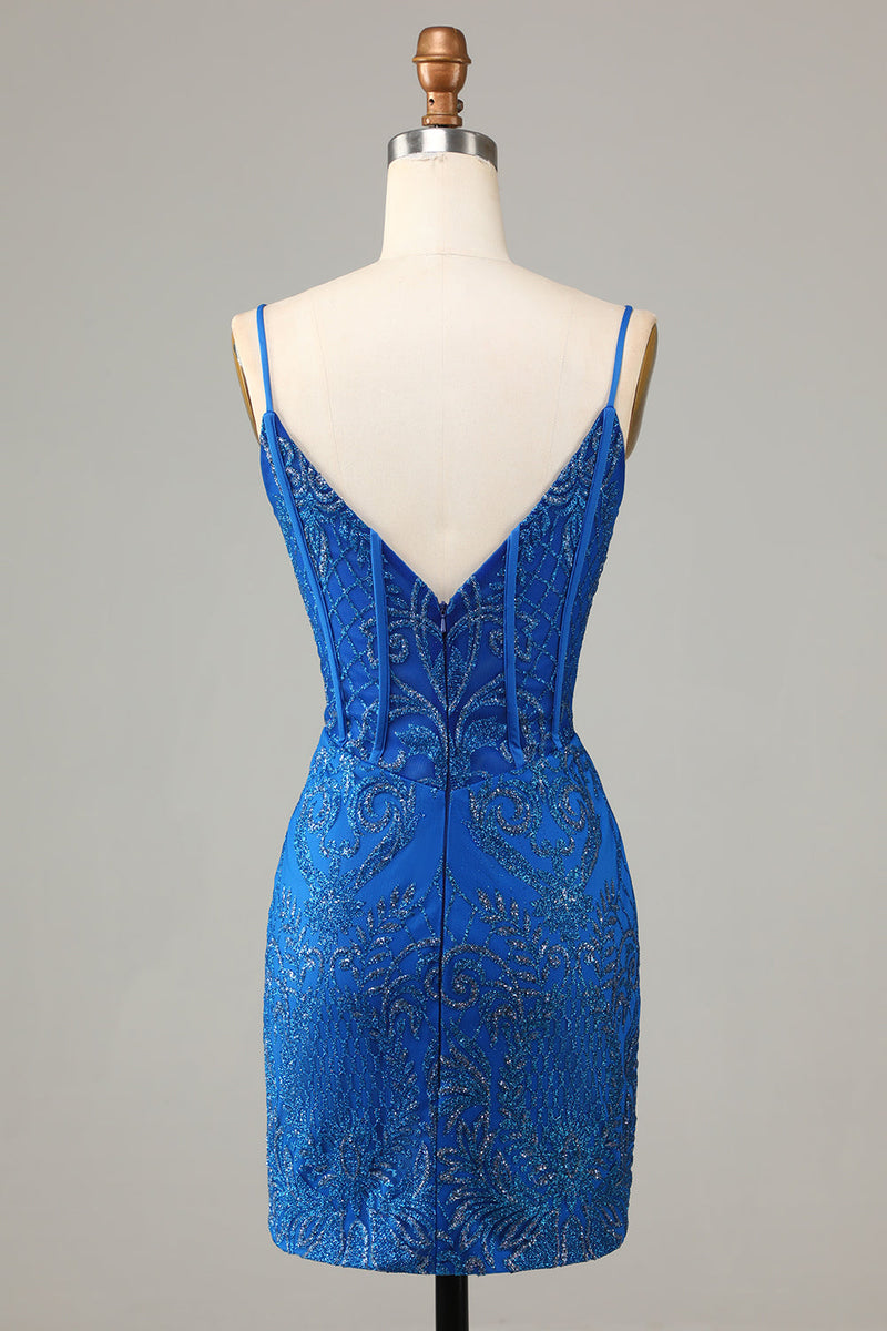 Załaduj obraz do przeglądarki galerii, Błyszczące niebieskie ramiączka spaghetti z koralików Ciasna krótka sukienka Homecoming
