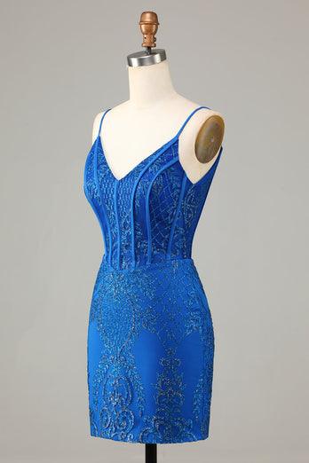 Błyszczące niebieskie ramiączka spaghetti z koralików Ciasna krótka sukienka Homecoming