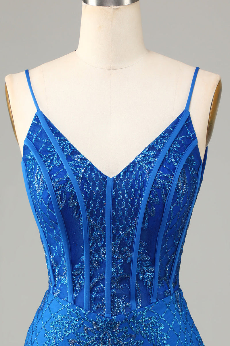 Załaduj obraz do przeglądarki galerii, Błyszczące niebieskie ramiączka spaghetti z koralików Ciasna krótka sukienka Homecoming