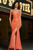Załaduj obraz do przeglądarki galerii, Błyszcząca Pomarańczowa Cekinowa Sukienka Syrenka Na Studniówkę z Rozcięciem