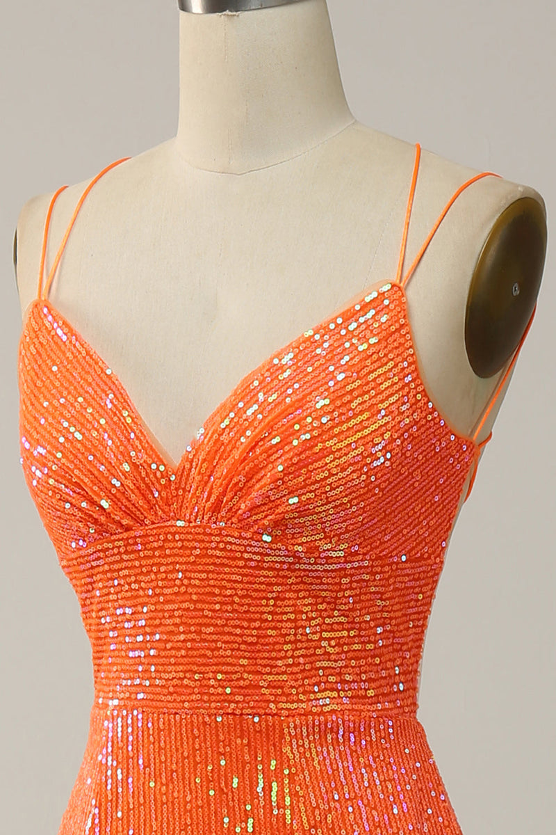 Załaduj obraz do przeglądarki galerii, Syrena Cienkich Ramiączkach Pomarańczowa Sukienki Na Studniówke z Dzielonym Przodem