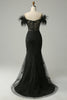 Załaduj obraz do przeglądarki galerii, Czarna Syrenka Sukienki Wieczorowe z Odkrytymi Ramionami z Piórami