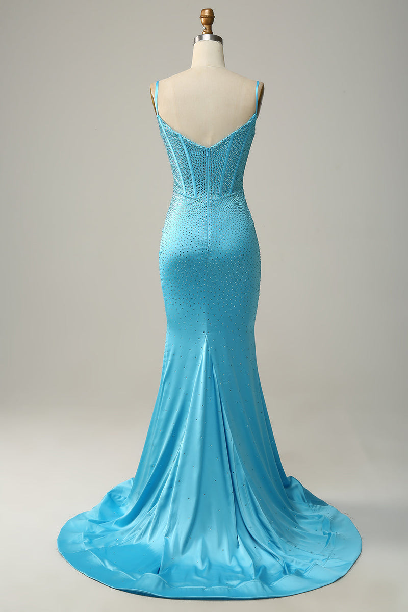 Załaduj obraz do przeglądarki galerii, Syrena Dekolt V Niebieska Sukienki Na Studniówke z Koralikami
