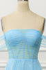 Załaduj obraz do przeglądarki galerii, Linia Z Ramienia Niebieska Gorsetowa Sukienka Na Studniówkę Z Marszczoną