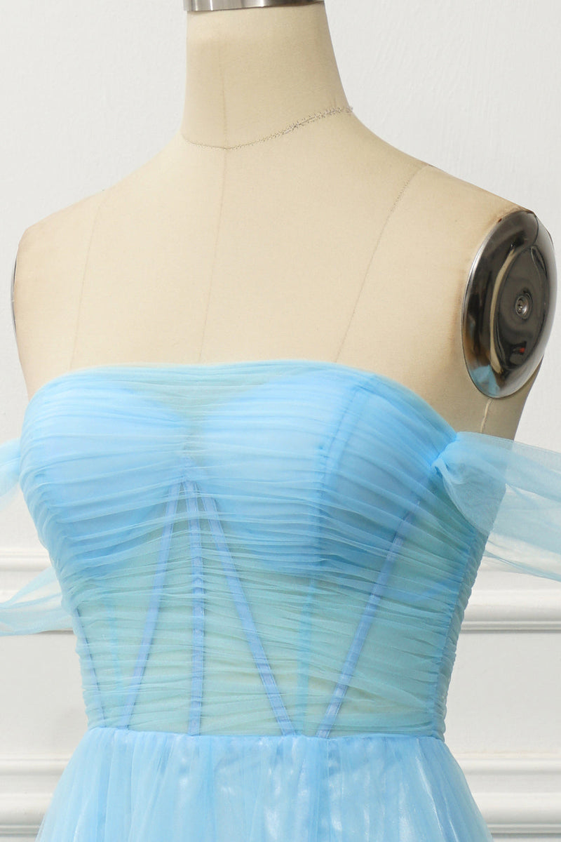 Załaduj obraz do przeglądarki galerii, Linia Z Ramienia Niebieska Gorsetowa Sukienka Na Studniówkę Z Marszczoną