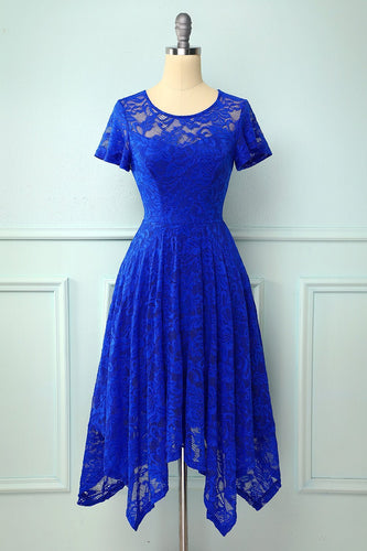 Asymmetyczna królewska niebieska koronkowa sukienka