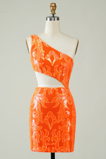 Orange One Shoulder Glitter Homecoming Dress z wydrążonym wydrążeniem