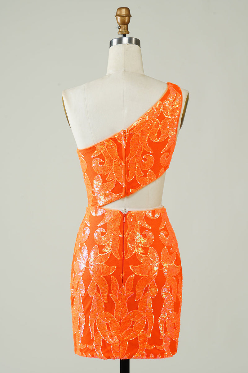 Załaduj obraz do przeglądarki galerii, Orange One Shoulder Glitter Homecoming Dress z wydrążonym wydrążeniem