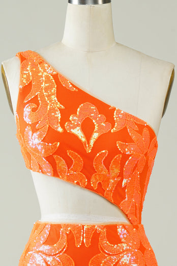 Orange One Shoulder Glitter Homecoming Dress z wydrążonym wydrążeniem