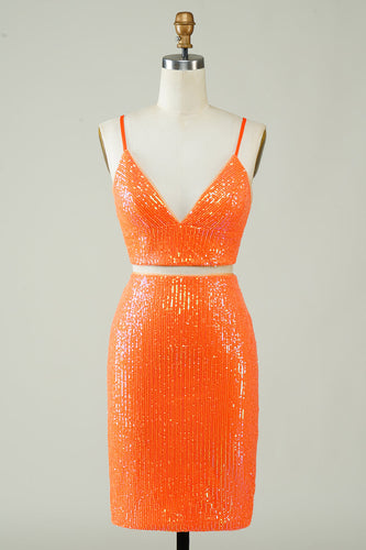 Dwuczęściowa pomarańczowa cekinowa obcisła sukienka Homecoming