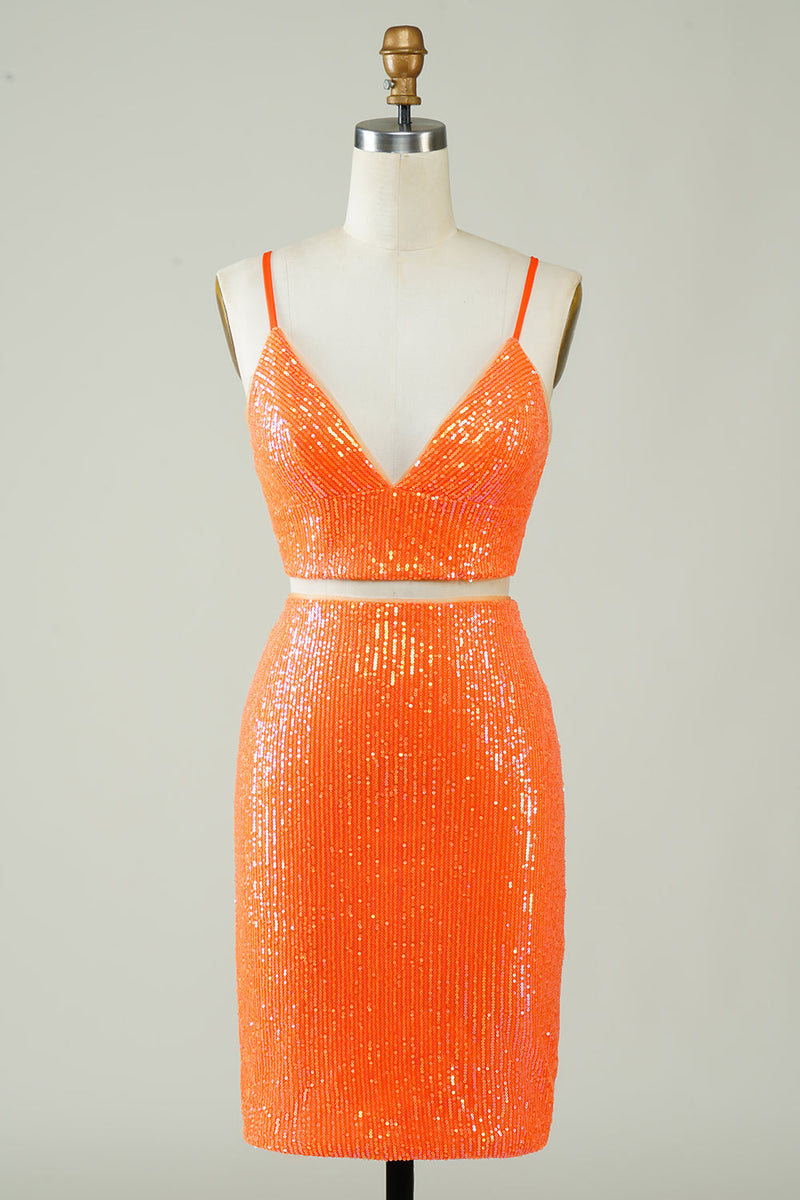 Załaduj obraz do przeglądarki galerii, Dwuczęściowa pomarańczowa cekinowa obcisła sukienka Homecoming