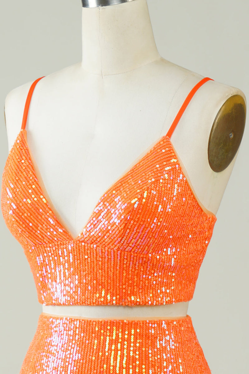 Załaduj obraz do przeglądarki galerii, Dwuczęściowa pomarańczowa cekinowa obcisła sukienka Homecoming