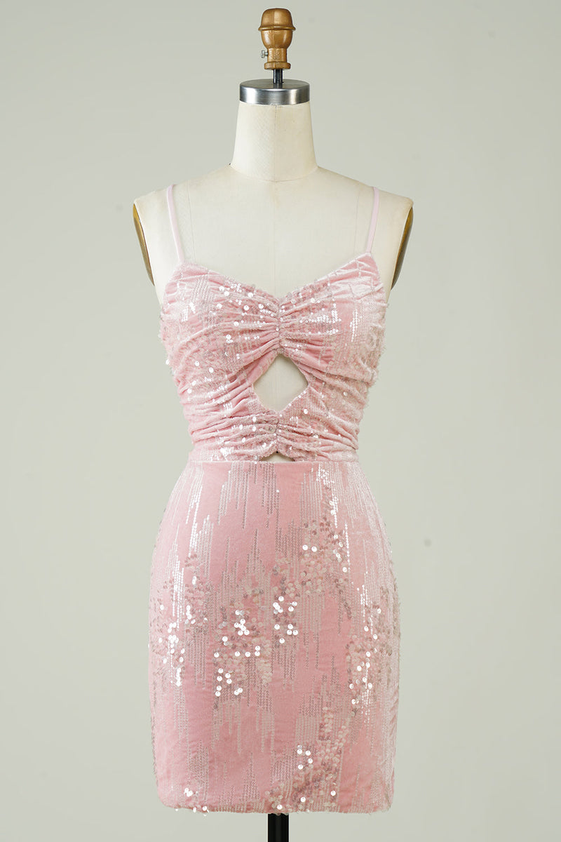 Załaduj obraz do przeglądarki galerii, Aksamitne cekiny Różowa obcisła sukienka Homecoming z wydrążonym wydrążeniem