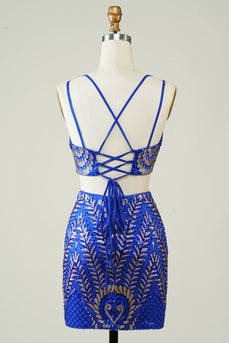 Royal Blue Dwuczęściowy Glitter Tight Homecoming Dress
